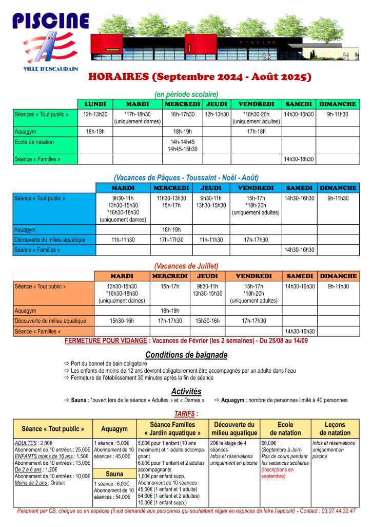 Affiche horaires Septembre 2024-Aout 2025