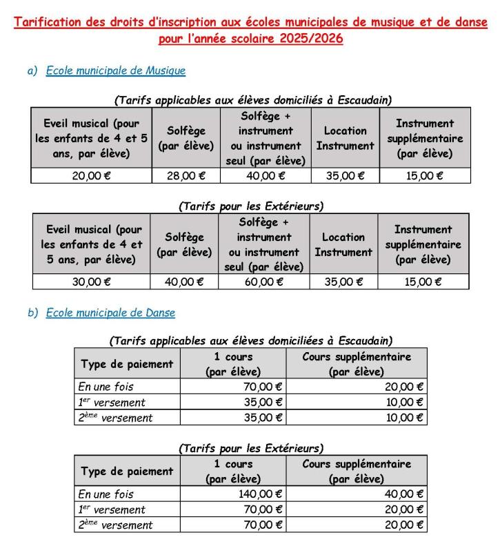 Tarifs des écoles municipales de Musique et de Danse Année scolaire 2025/2026