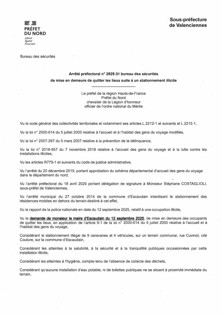 Arrêté expulsion gens du voyage Cité Couture