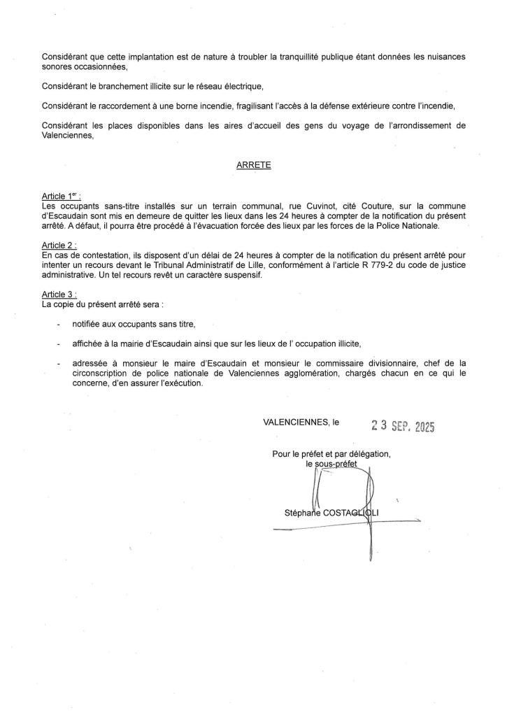 Arrêté expulsion gens du voyage Cité couture