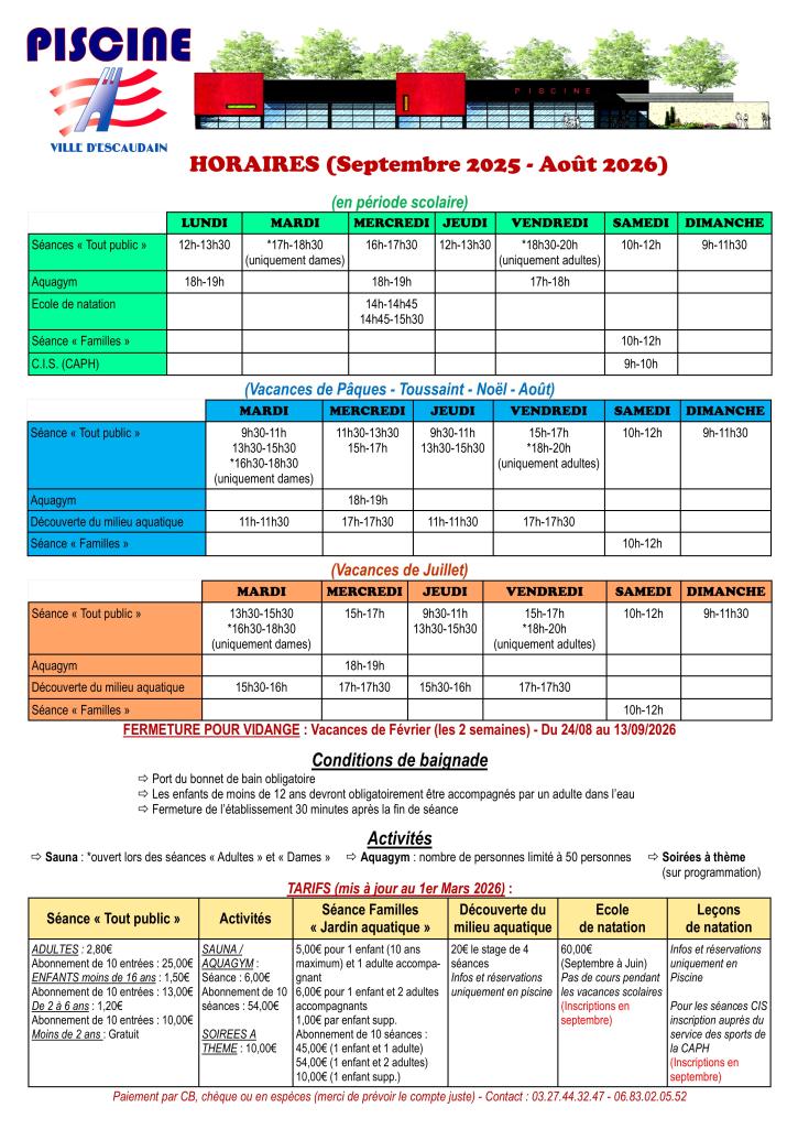 Horaires piscine 2025/2026