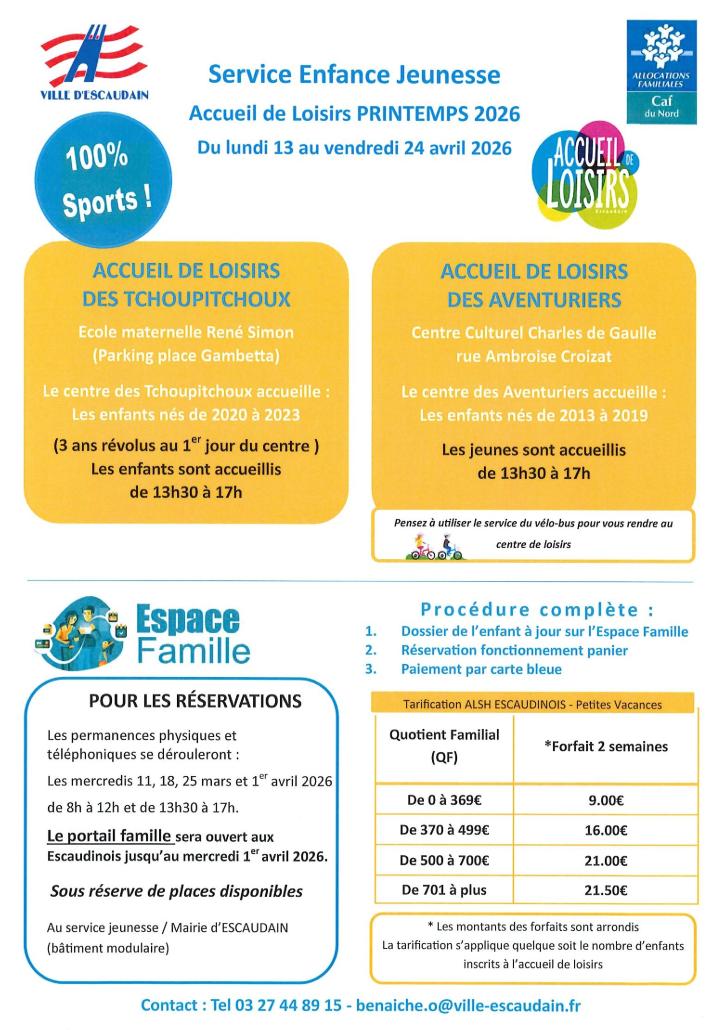 Inscriptions à l'Accueil de Loisirs de Printemps