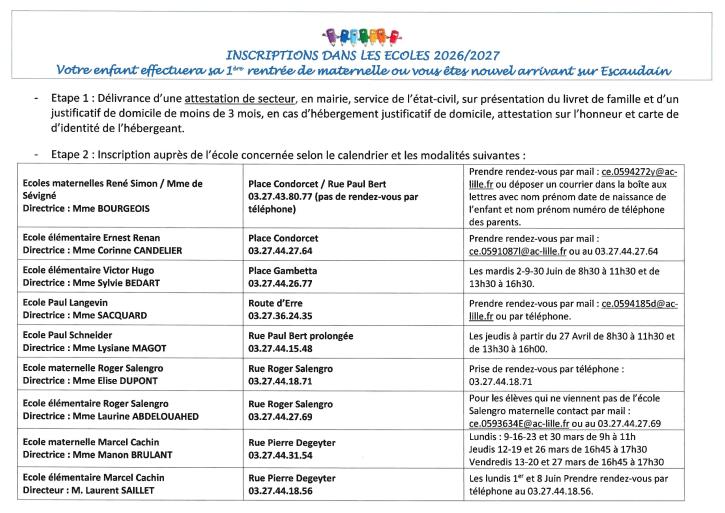 Inscriptions écoles 2026-2027