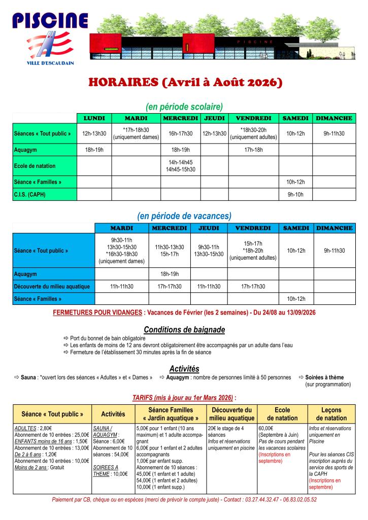 Horaires piscine 2026