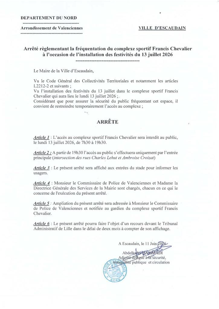 Arrêté stade fête nationale 2026