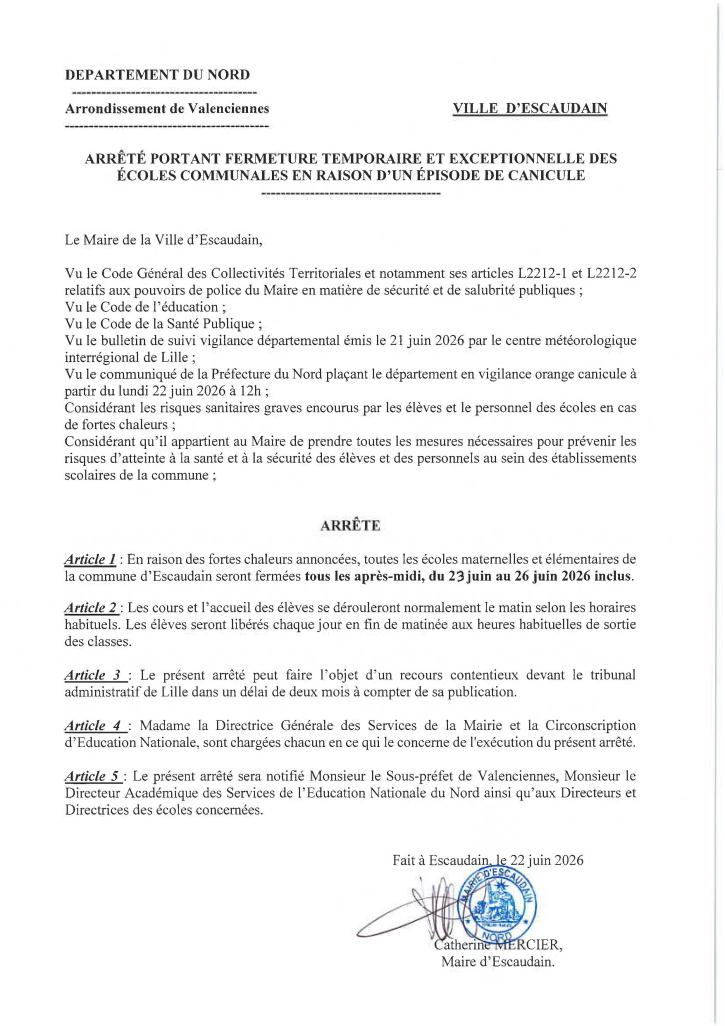 Arrêté fermeture écoles