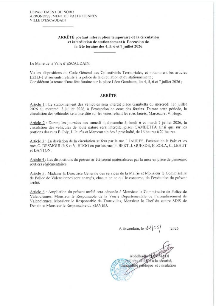Arrêté fête foraine juillet 2026