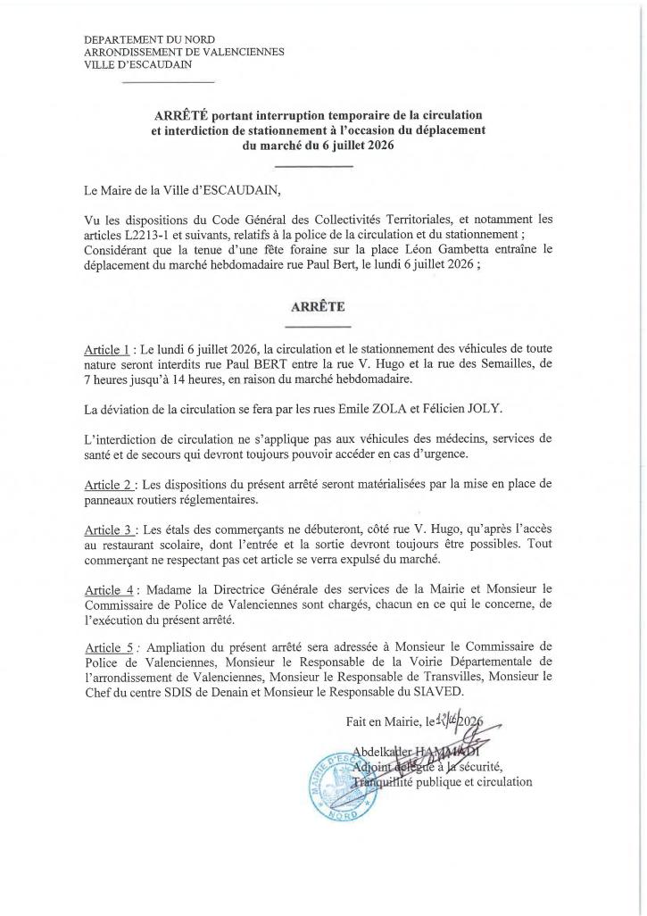 Arrêté marché déplacé Juillet 2026