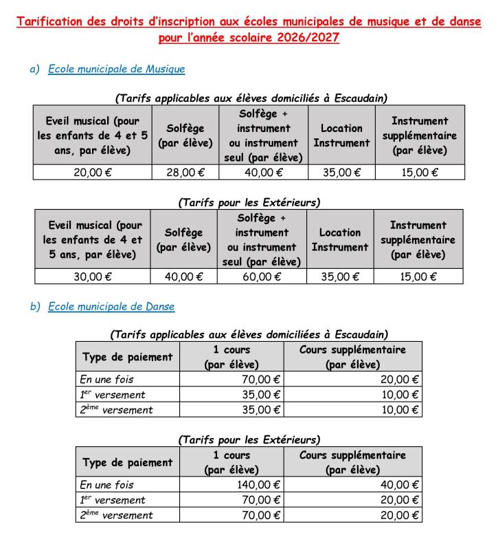 Tarifs musique et danse 2026/2027
