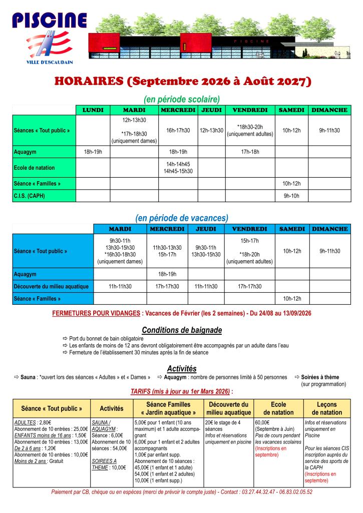 Horaires Septembre 2026 à Août 2027
