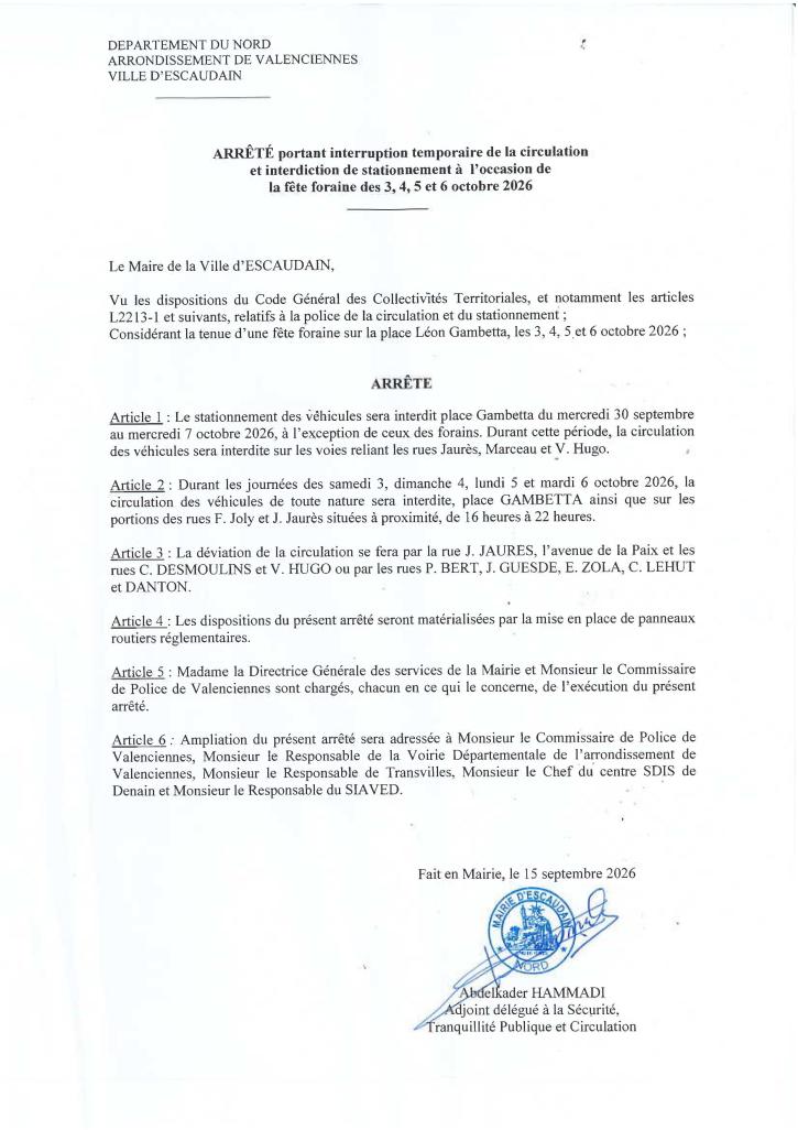 Arrêté Ducasse Octobre 2026