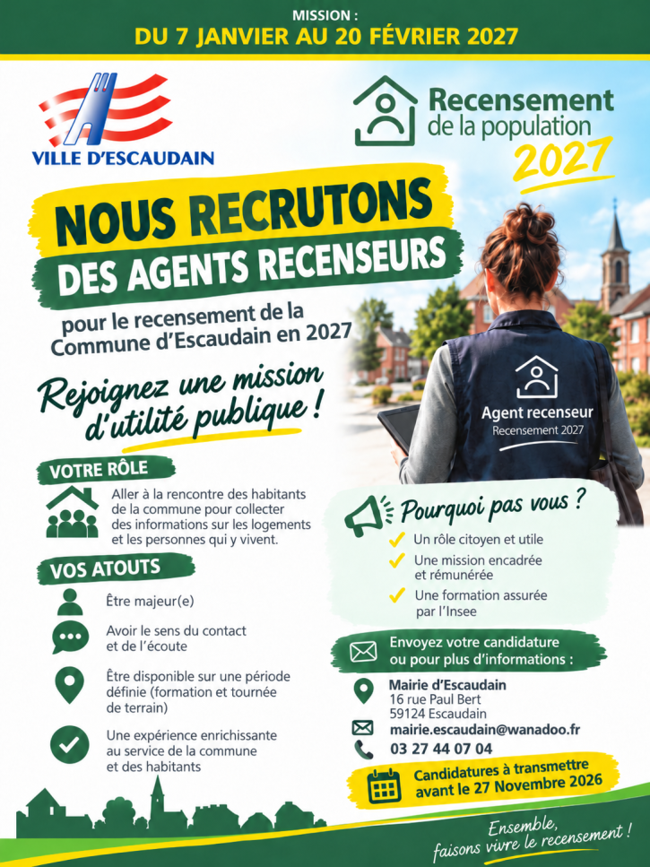 Affiche sur le recrutement de recenseurs pour le recensement de la population qui se déroulera du 𝟐𝟏 𝐣𝐚𝐧𝐯𝐢𝐞𝐫 𝐚𝐮 𝟐𝟎 𝐟𝐞́𝐯𝐫𝐢𝐞𝐫 𝟐𝟎𝟐𝟕