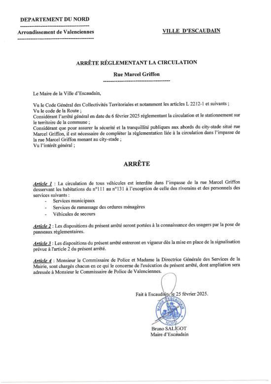 Arrêté réglemntant la circulation - Rue Marcel Griffon