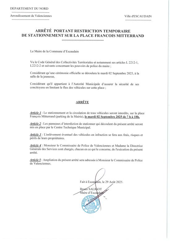 Interdiction de stationner Parking de la Mairie et Foyer Jacques Brel